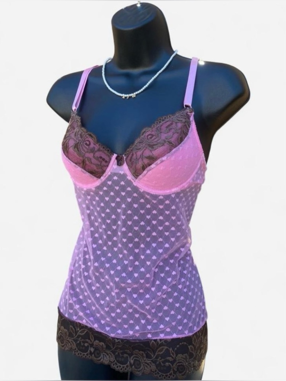 Y2k Rampage Pink Heart Print Bustier Top with Chocolate Brown Lace Trim
